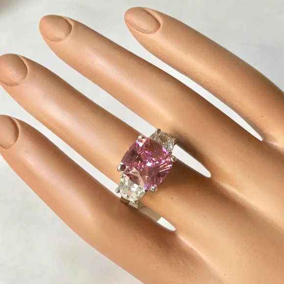 Silver Pink Cubic Zirconia Cocktail Ring Size 9 Plated Triplet Cushion Cut - Picture 3 of 12
